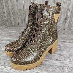 Guess Quincy 3 Logo Heeled Boots - Brown/Tan - DSLRT06K - Women's Size 9 NEW